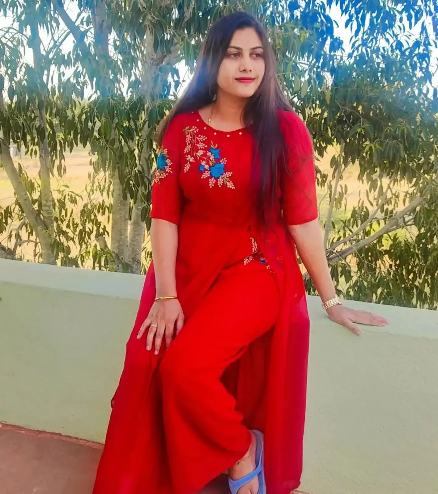 Indian TV Model Priyanka Naidu Long hair in Red Dress